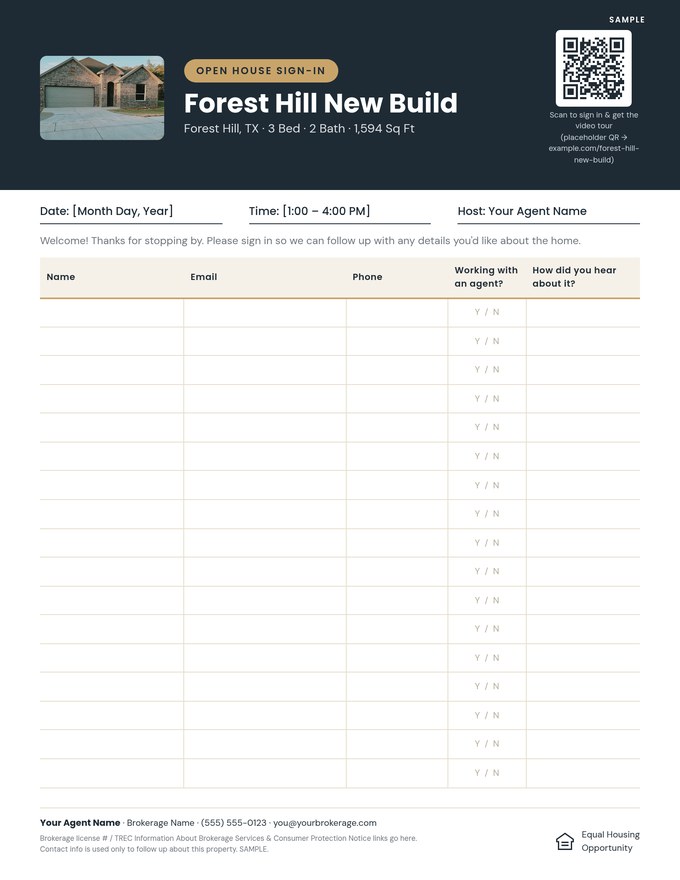 Sample open house sign-in sheet